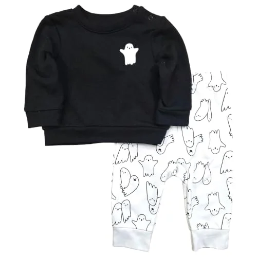 Cat & Jack Infant Boys & Girls Black Ghost Halloween Sweatshirt & Print Pants Set 6-9 Month